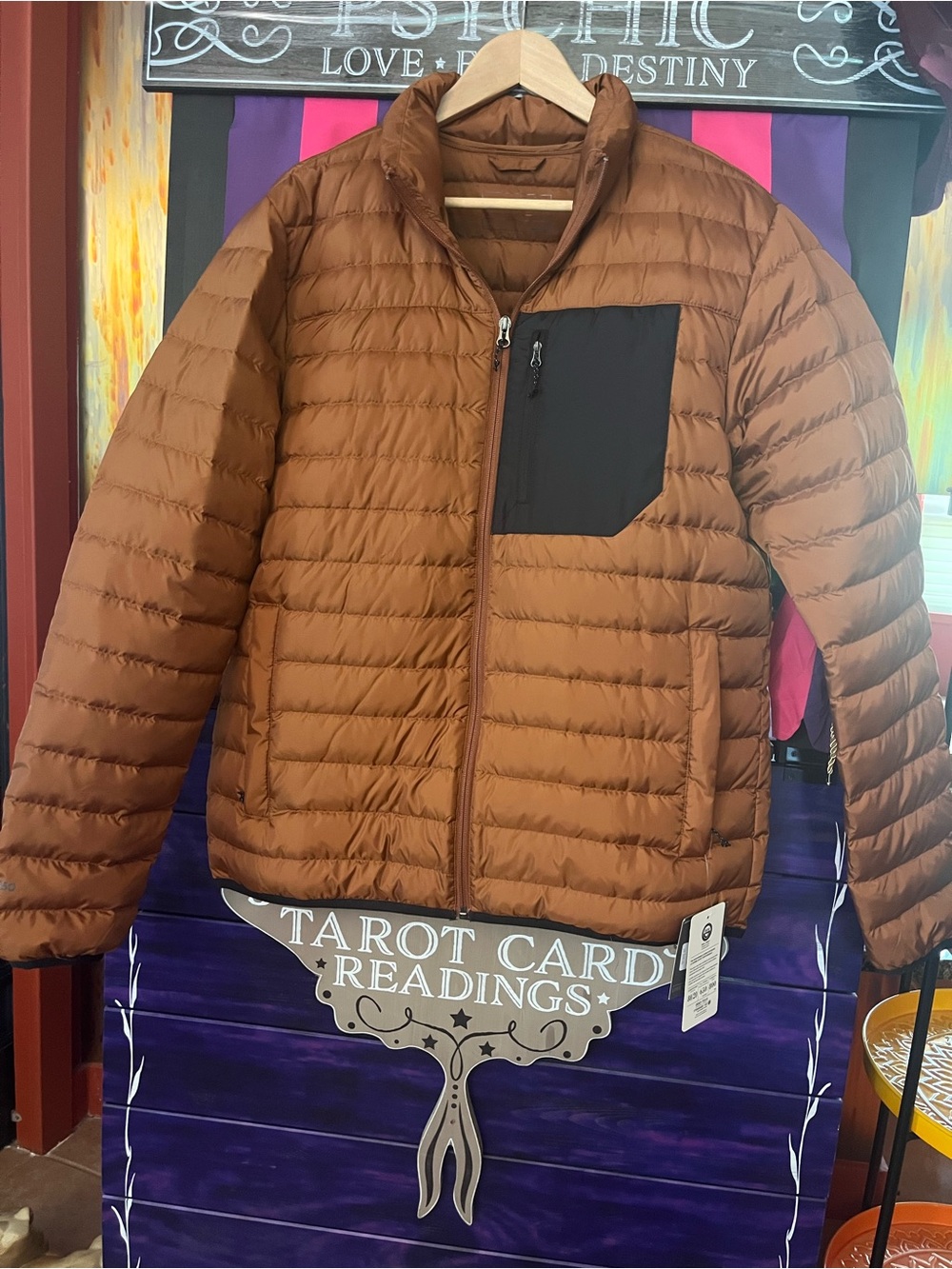 NWT! Eddie Bauer Brown Puffer Jacket with Black Chest Pocket